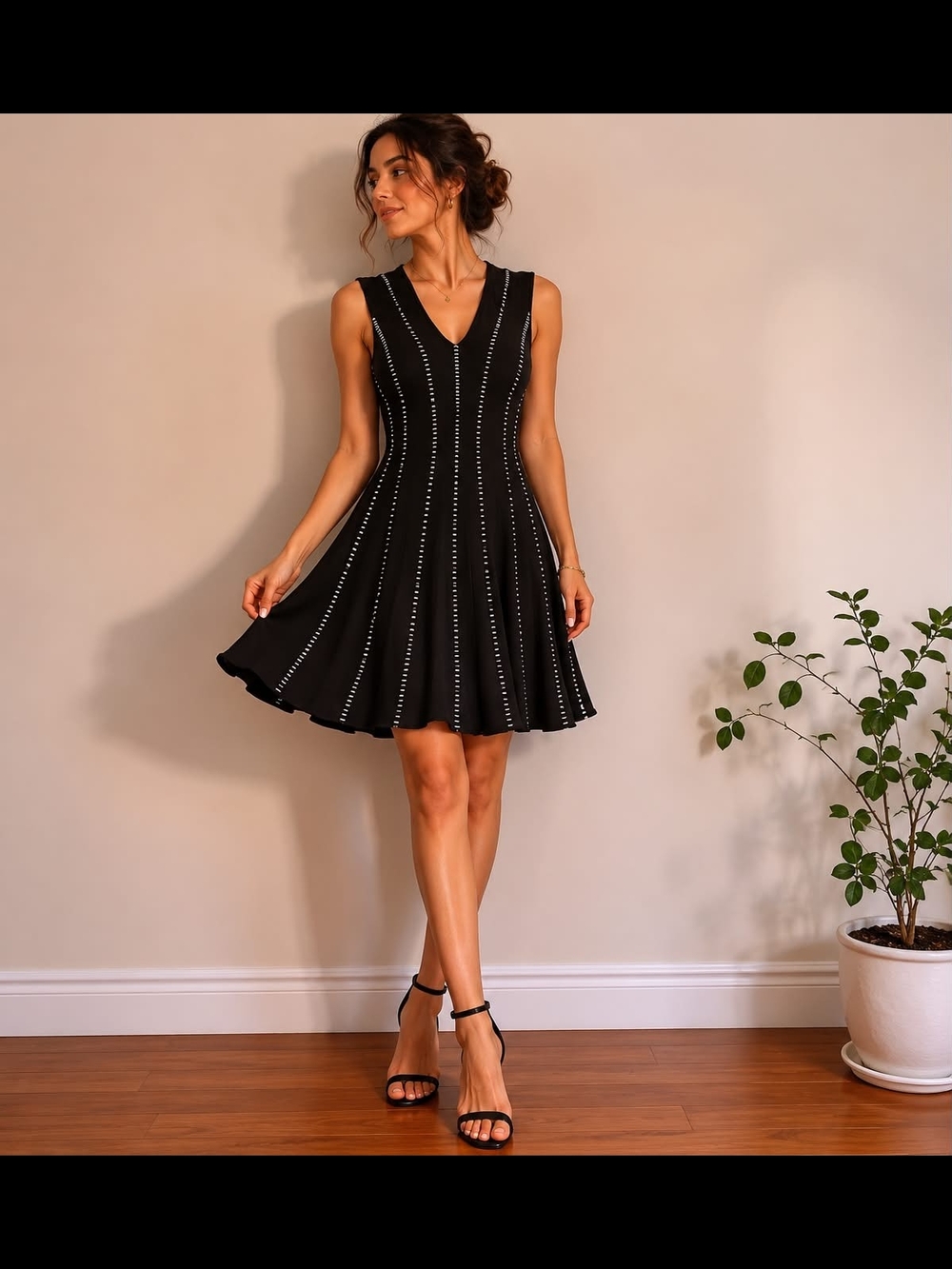 Sleeveless Black V-Neck Fit & Flare Dress with Vertical Stud Detailing